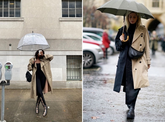 tenue pluie trench coat beige parapluie transparent chaussures pluie femme