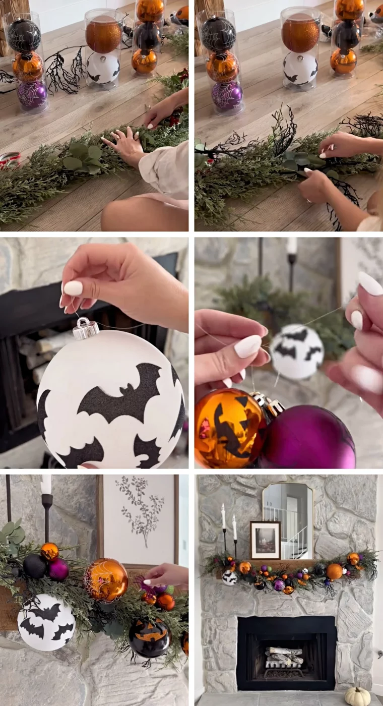 tutoriel deco cheminee halloween facile branches vertes ornements boules