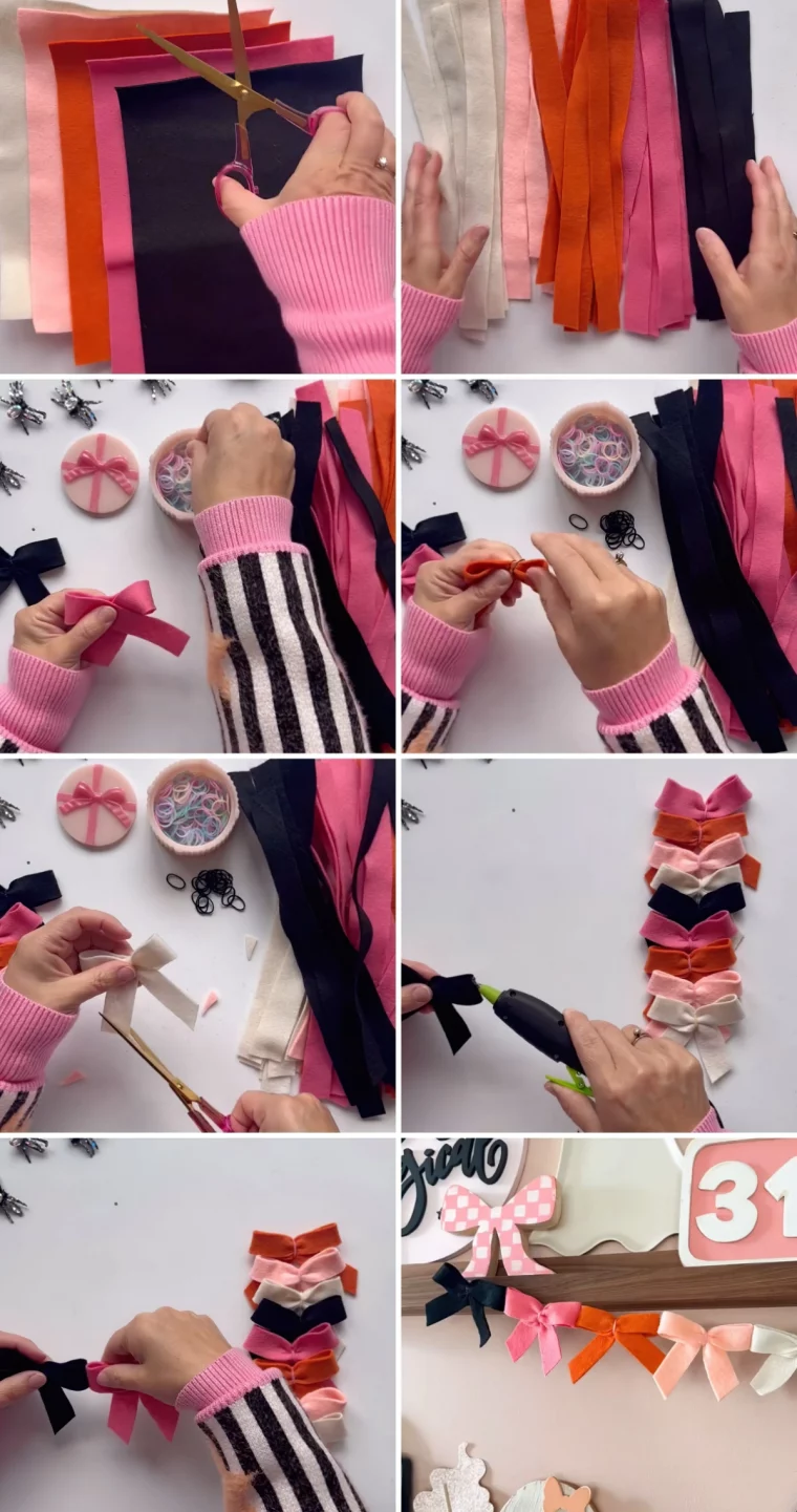 tutoriel diy guirlande ruban feutrine colore elastiques etagere bois