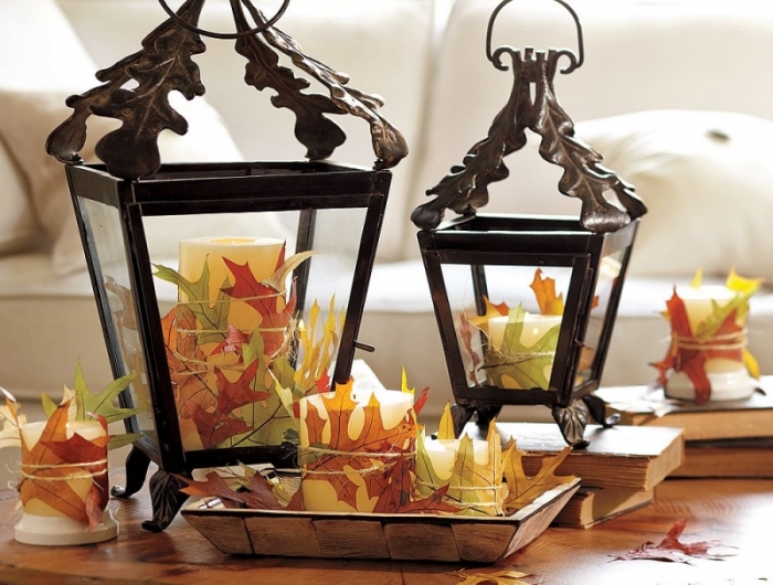 bougie lanterne noire feuilles d automne décoration table salon