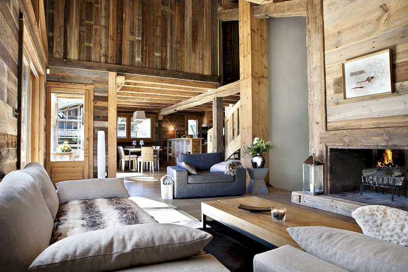 décoration petit chalet canapé gris clair avec coussins murs en bois clair cheminée