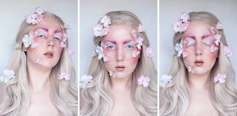 exemple de maquillage fée rose et blanc mascara blanc taches de rousseur blanches et des fleurs