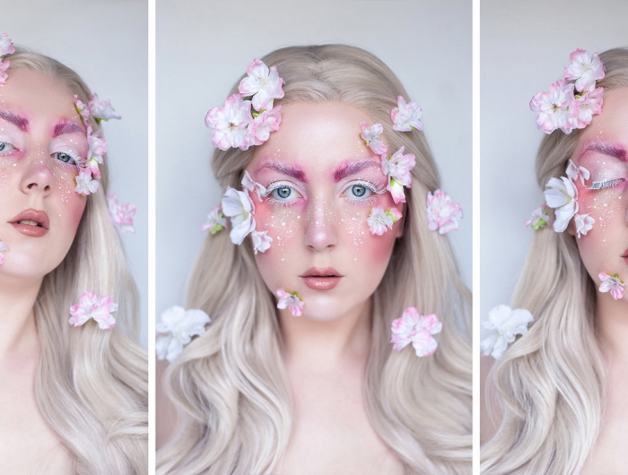 exemple de maquillage fée rose et blanc mascara blanc taches de rousseur blanches et des fleurs