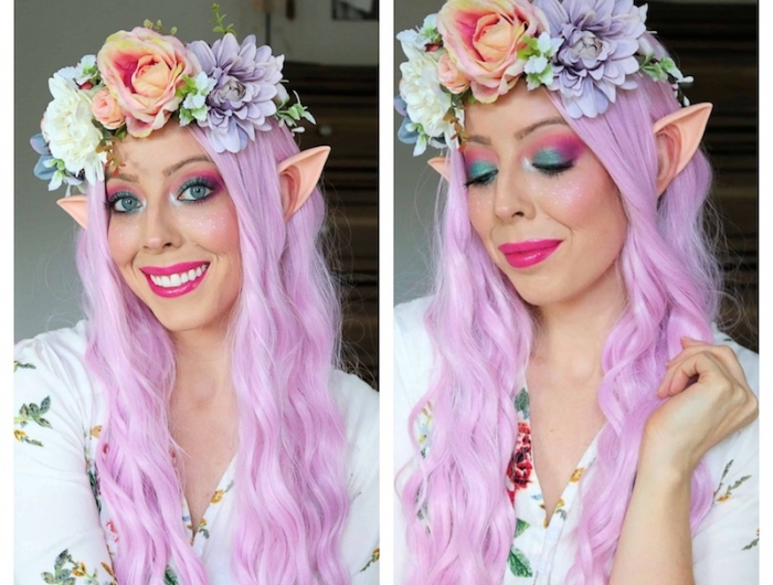 idée maquillage fée déguisement femme original halloween cheveux violets et couronne de fleurs variées