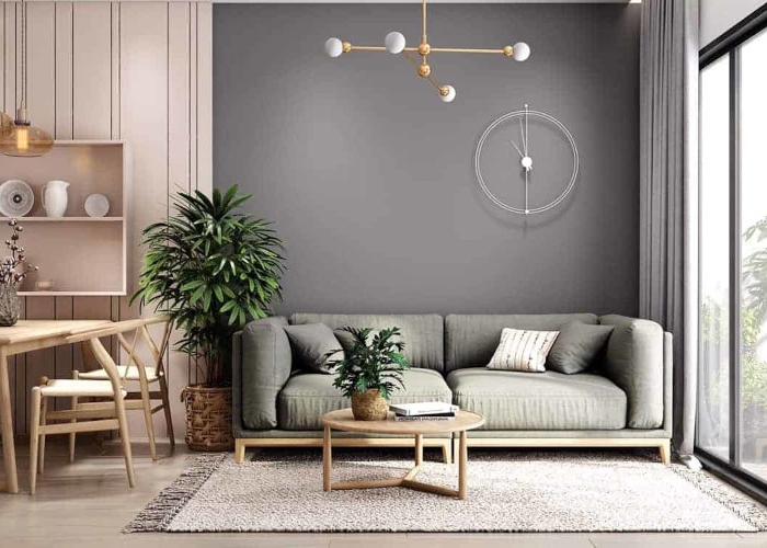 canapé tendance 2022 mur en gris coin salle à manger mur en rose clair elements en bois et métal