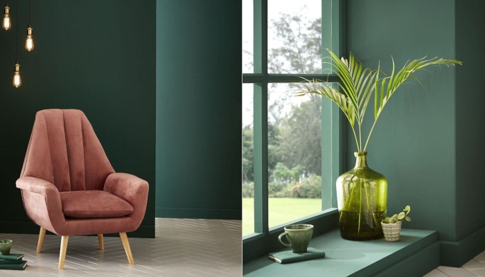 couleur tendance 2022 peinture salon fauteuil rose poudré peinture vert foncé