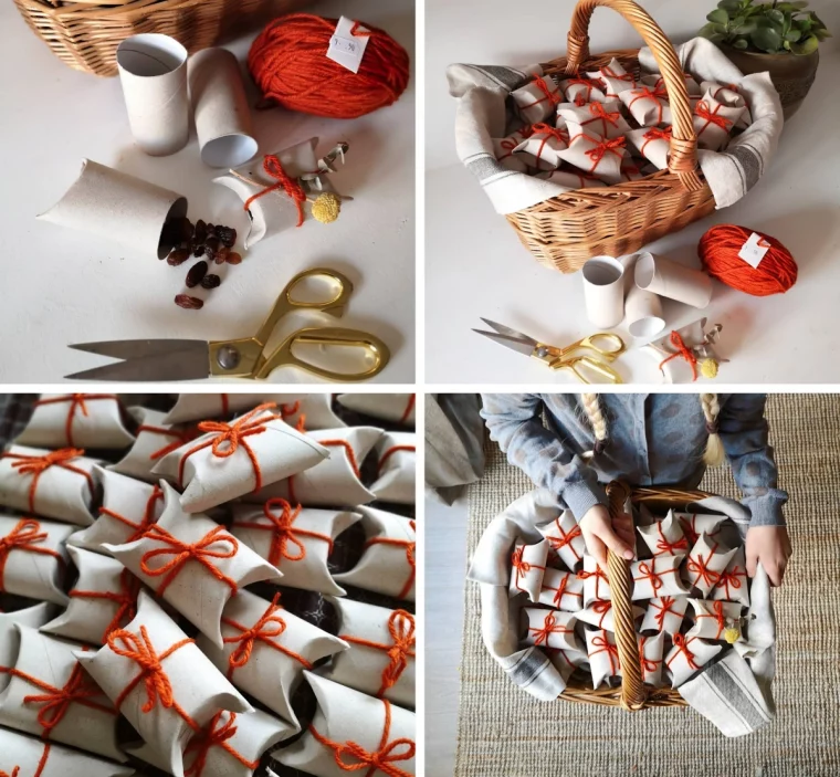 diy cadeaux noel emballage rouleaux papier wc ciseaux ficelle rouge