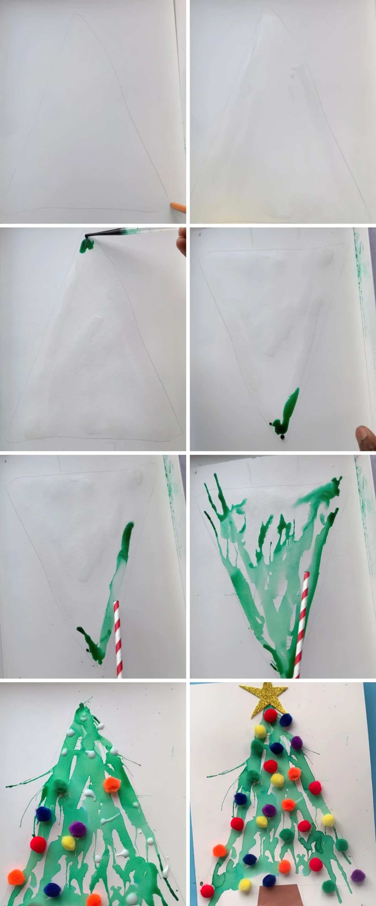 diy carte de noel tutoriel peinture a l eau silhouette arbre pompons