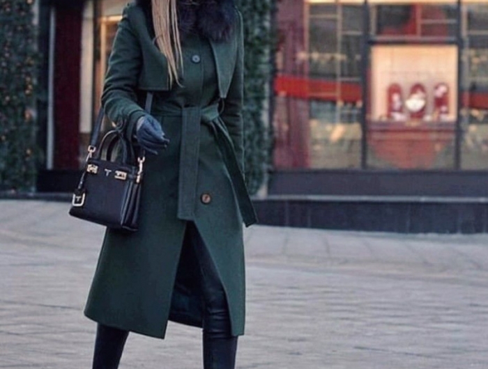 look hiver 2021 2022 manteau ceinture vert bouteille casquette pantalon noir