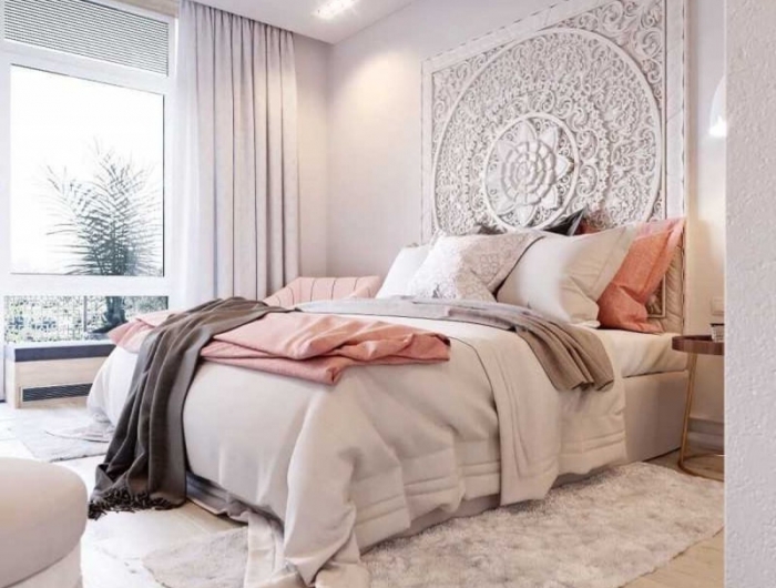 moderne tete de lit bois blanche chambre moderne en blanc et rose tapis gris clair