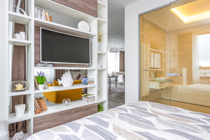 optimiser espace studio a l aide d une etagère ouverte et porte verrière de salle de bain