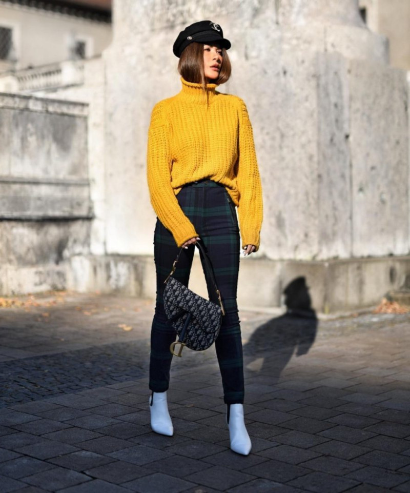 Prince of Wales fashionable pants mustard sweater turtleneck white ankle boots