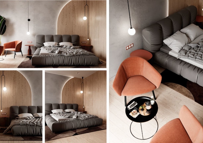 tendance chambre à coucher 2022 lit en gris fauteuils en orange brûlé mur en gris et beige