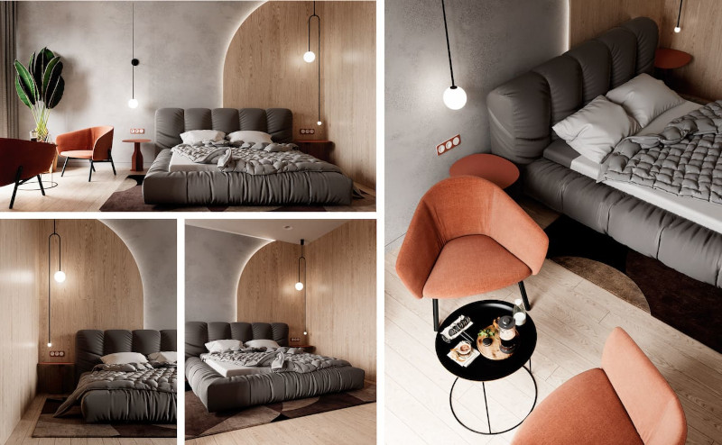 tendance chambre à coucher 2022 lit en gris fauteuils en orange brûlé mur en gris et beige
