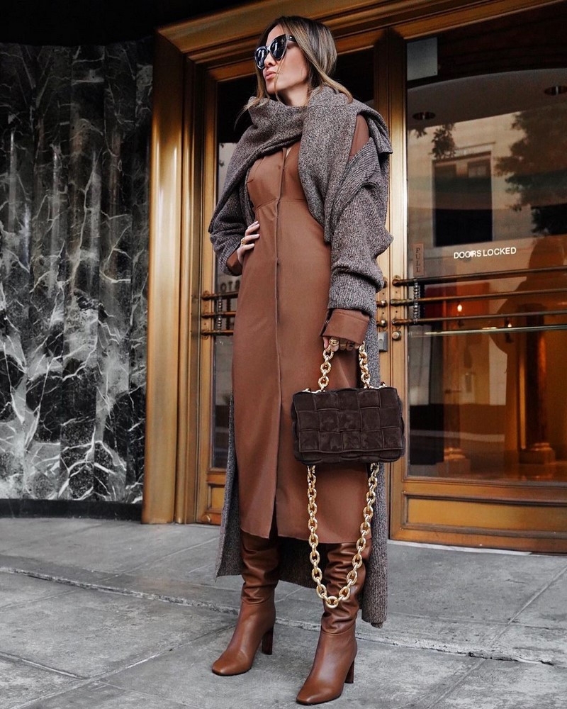 fashionable outfit long button down dress with brown leather boots scarf