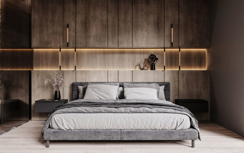 tete de lit contemporaine mur en bois avec niche linge de lit gris style moderne