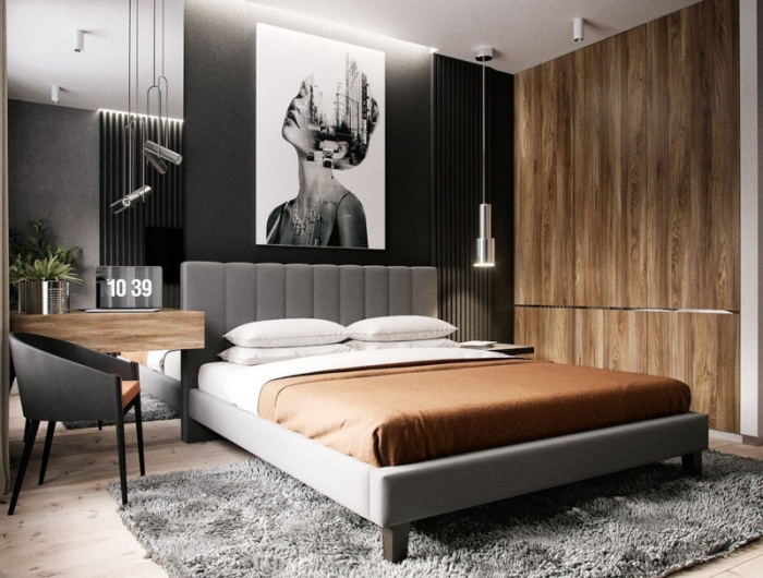 tete de lit design luxe en gris mur noir peinture en blanc et noir linge de lit blanc et marron