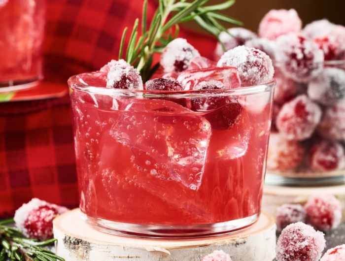 cocktail rouge sans alcool a base de jus de canneberge avec des canneberges fraiches et thym