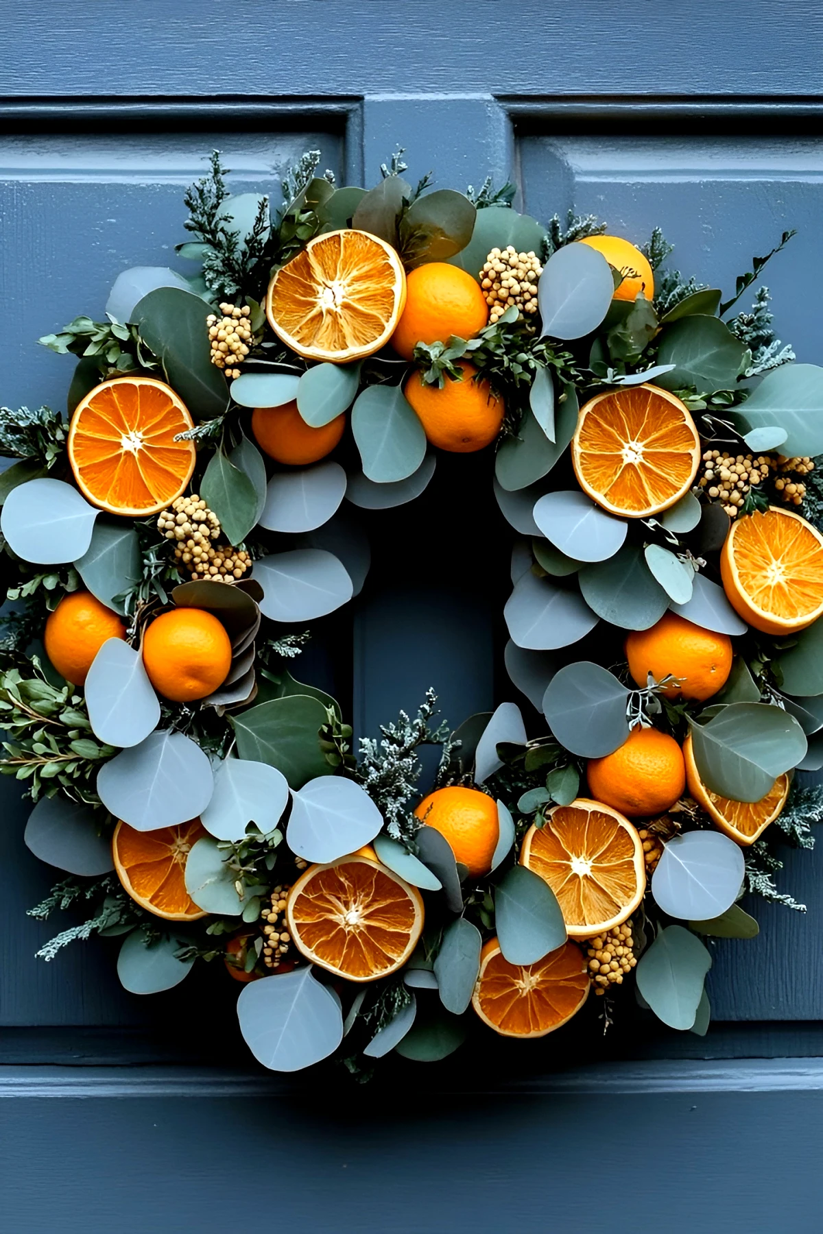 couronne de noel avec des elements naturels comme des oranges et des clemenatines