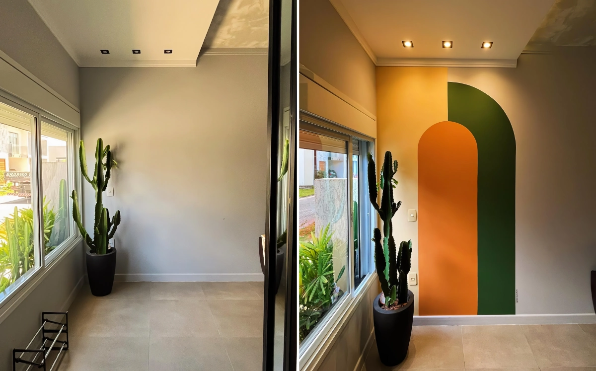 deco couloir peinture murale geometrique forme arc orange cactus