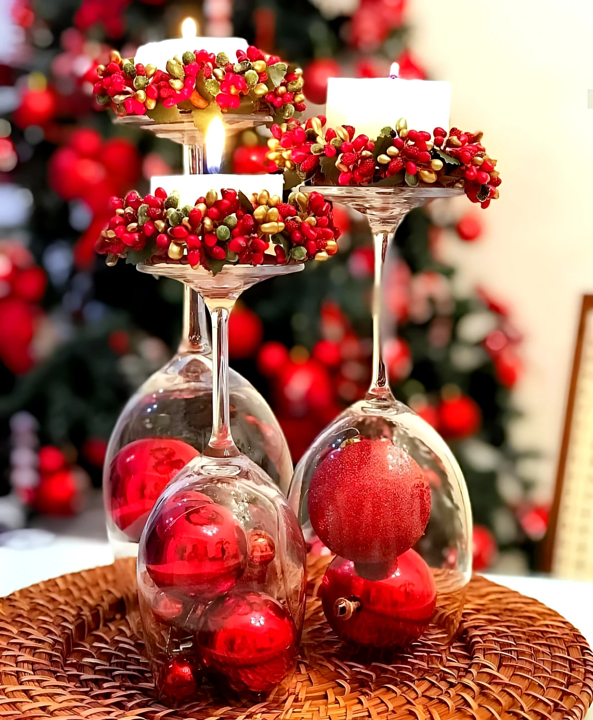 deco de centre de table avec des verres des bougies et des baies rouges