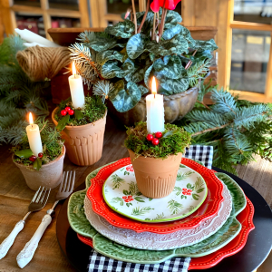 deco de noel nature avec de la mousse et une bougie vaisselle coloree