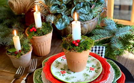 deco de noel nature avec de la mousse et une bougie vaisselle coloree