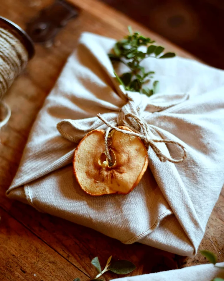 idee originale et ecologique pour emballage de cadeaux de noel pomme sechee