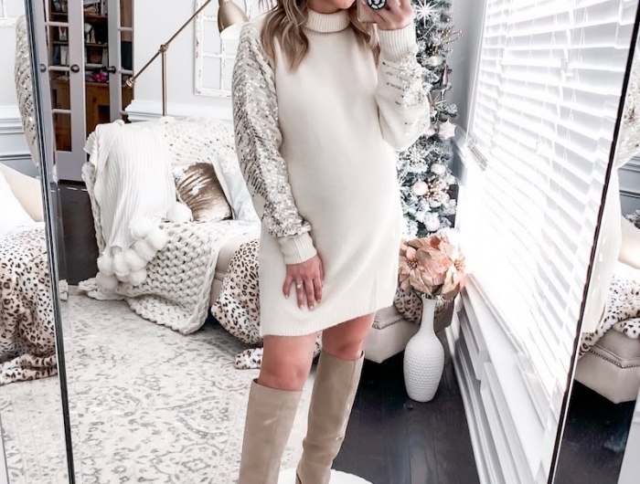 robe pull femme blanc cassé avec manches décorée de sequins bottes hautes