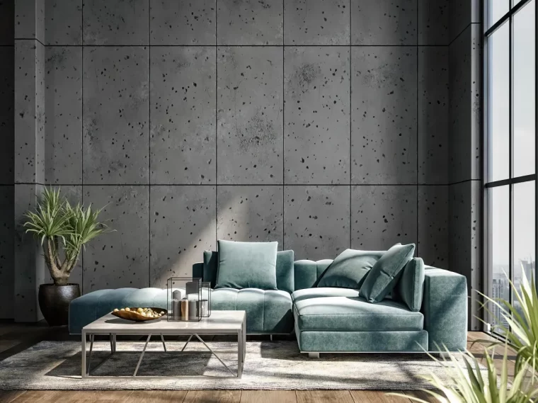 canape moderne d angle bleu clair mur en beton gris