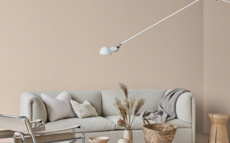 canapé gris clair aménagement salon minimaliste déco bohème accessoires fibre végétale table basse bois clair peinture beige clair panier paille