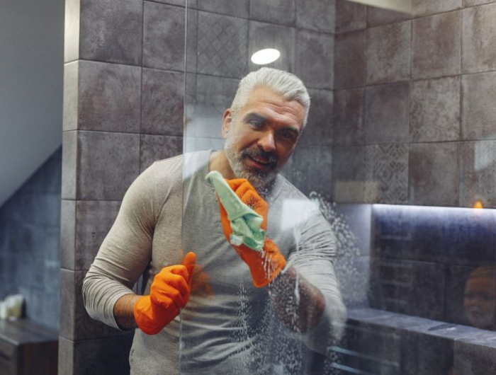 idee deco toilette un homme qui nettoie la cabine de douche