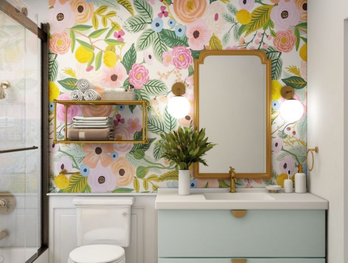 idée peinture toilette papier peint motif floral pour les toilettes
