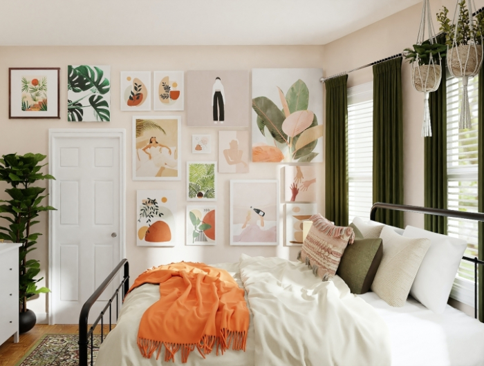 chambre beige mur de photos plantes vertes d intérieur