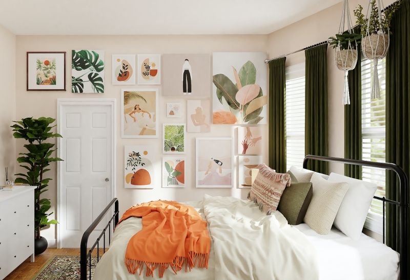 chambre beige mur de photos plantes vertes d intérieur