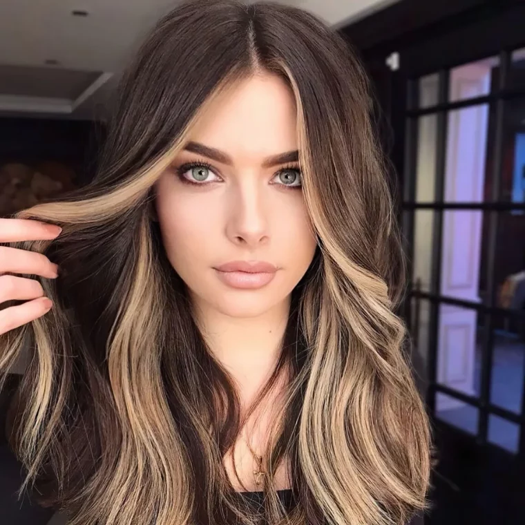 cheveux chatain fonce raie au milieu highlights