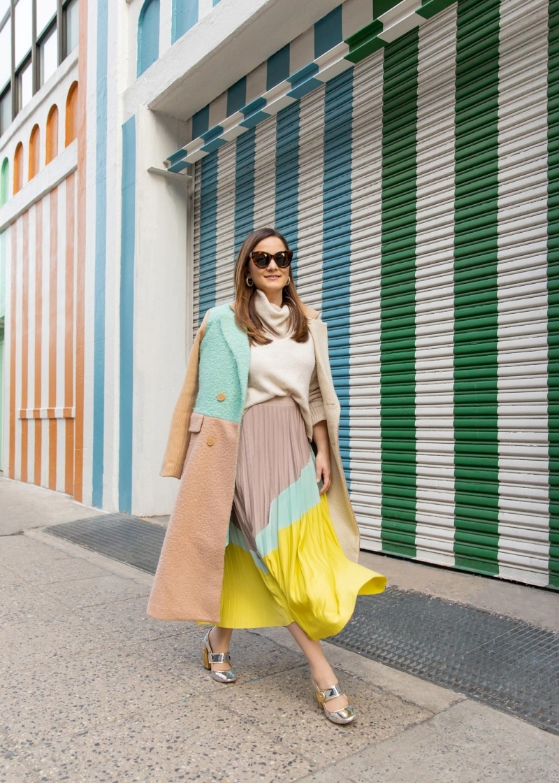 color block pastel colors chic outfit woman beige sweater