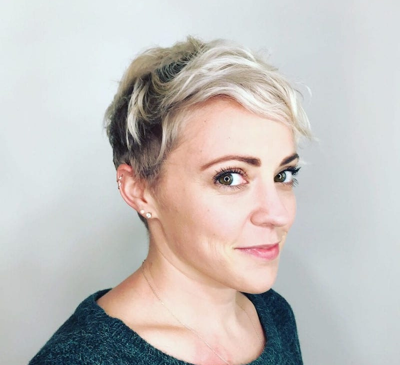 Short haircut for 50 year old woman is blonde wick from the front and pixie for volume