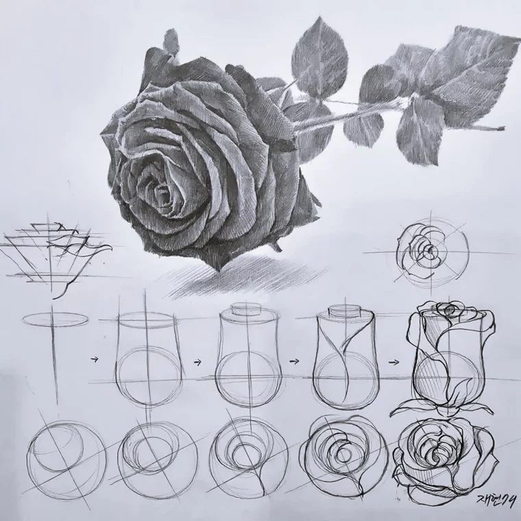 dessin au crayon a papier fleur rose petales tige feuilles