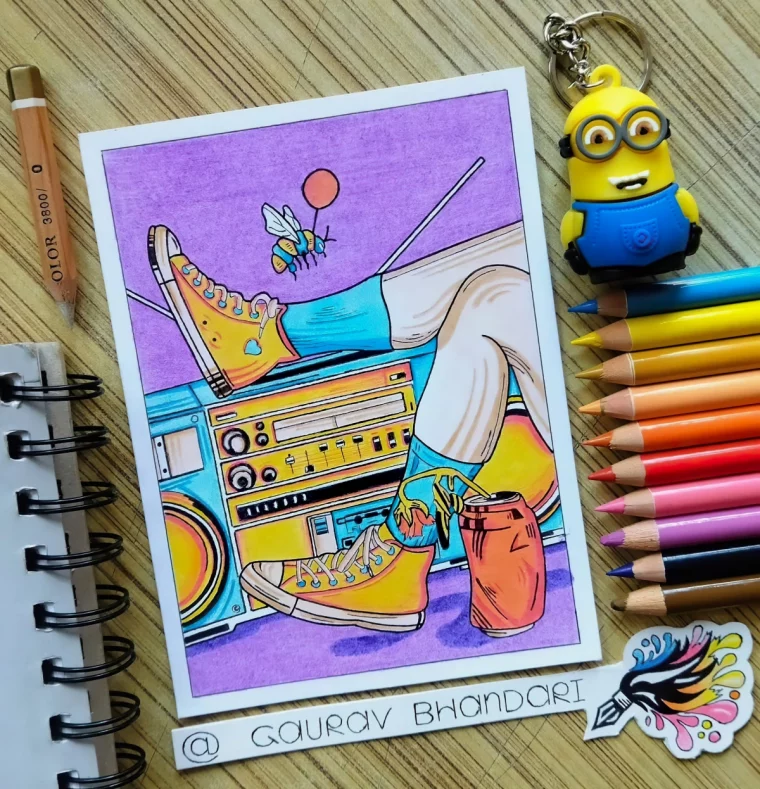 dessin crayons de couleur surface bois page papier sneakers
