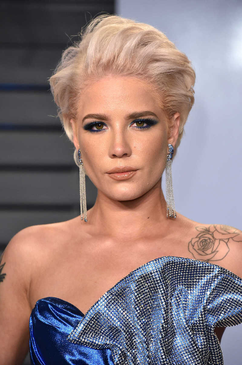Long blonde cut Halsey idea with combed back locks on top