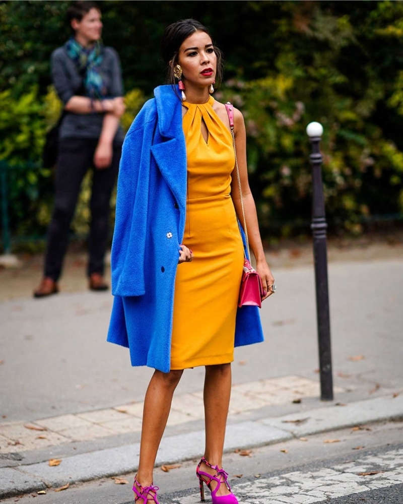 look spring 2022 yellow color block dress blue jacket