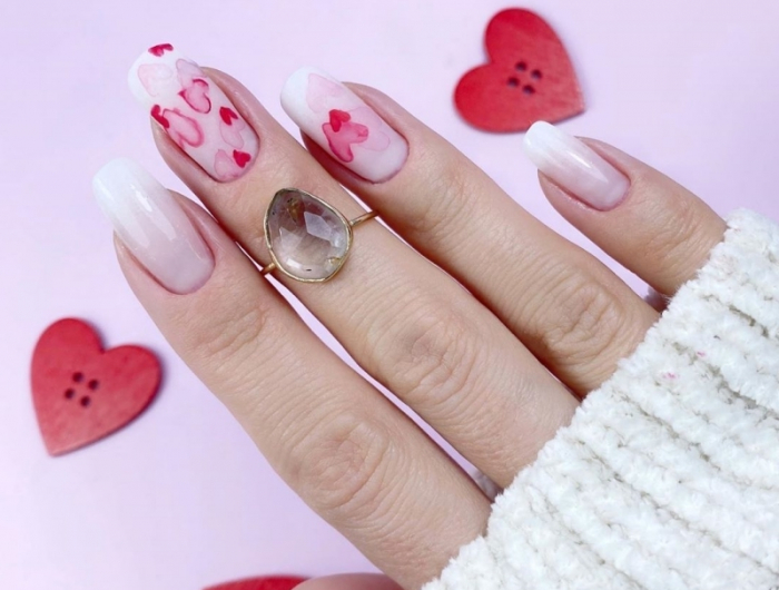 manucure saint valentin effet mat ongles aquarelle coeurs