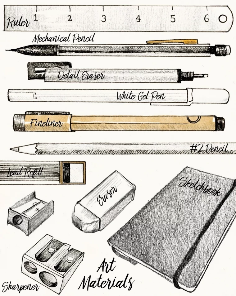 materiaux crayon pour dessiner types gomme papier