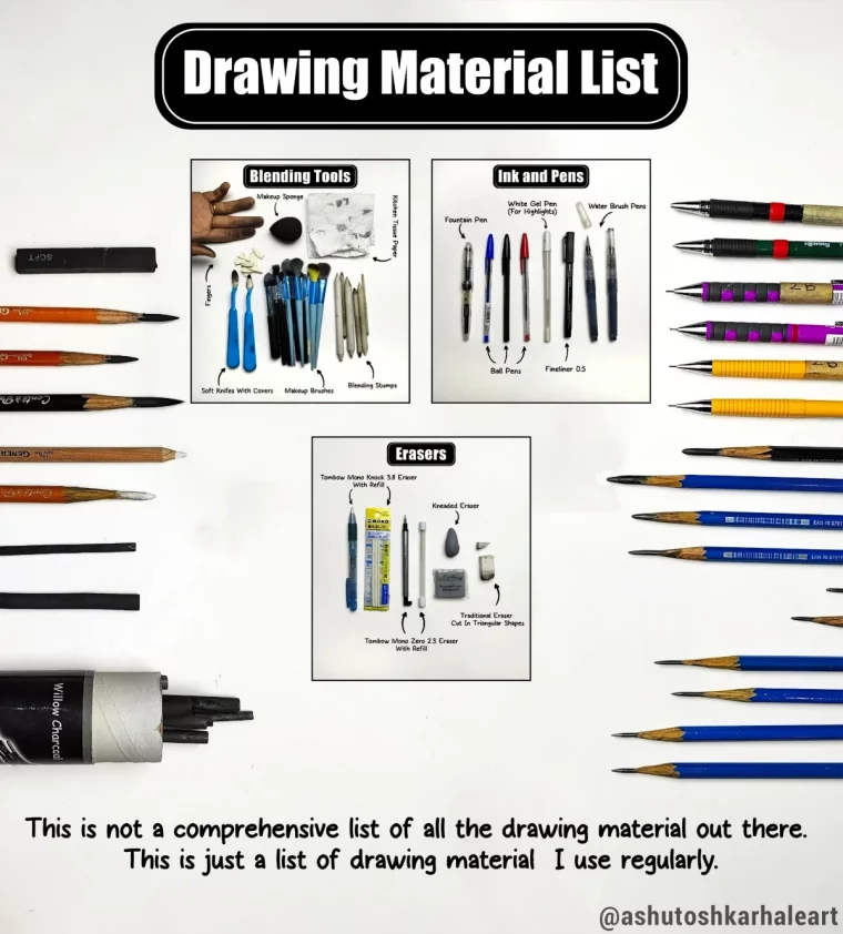 materiaux pour dessin papier crayons estompage gomme