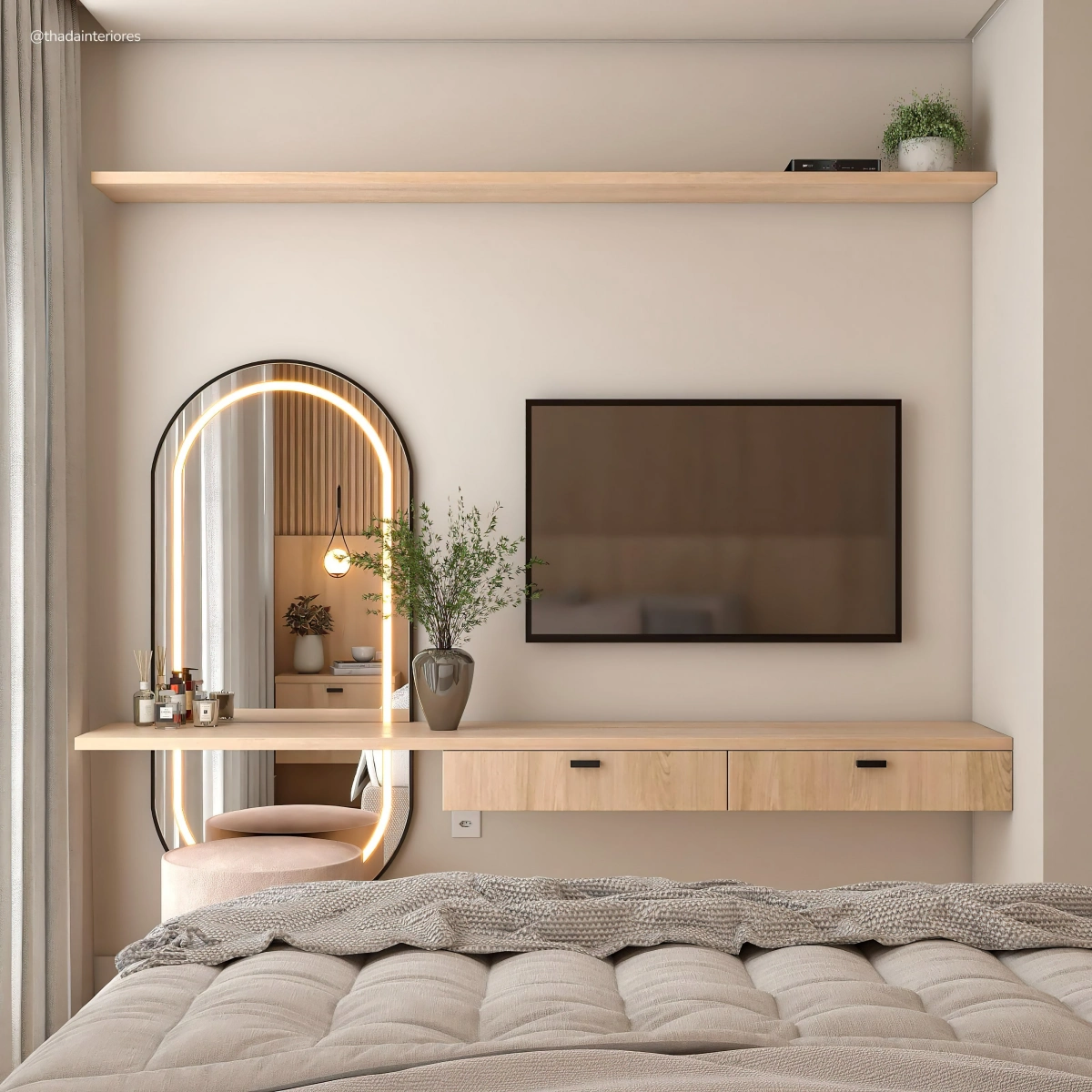 miroir ovale eclairage mur bois suspendu etagere lit chambre a coucher