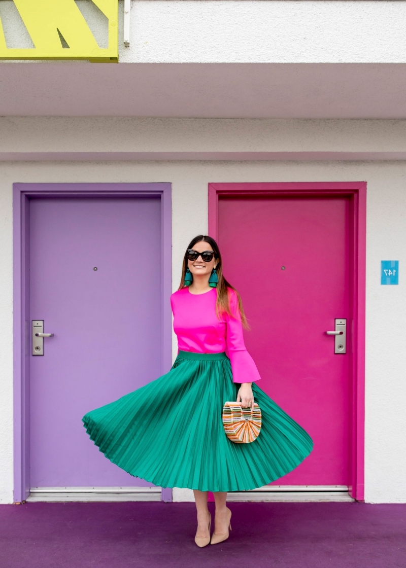 spring fashion 2022 woman fuchsia pink blouse turquoise skirt