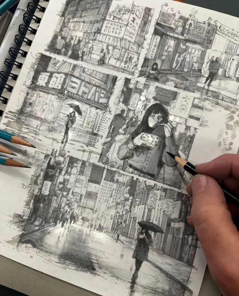 page papier dessin realiste crayons fille rue village pluie parapluie