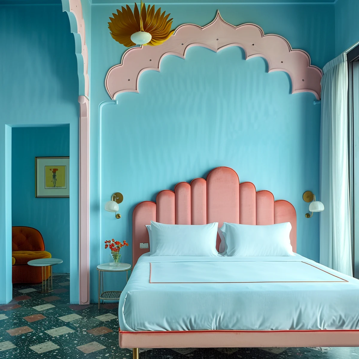 peinture pastel bleu et rose chambre a coucher grand lit
