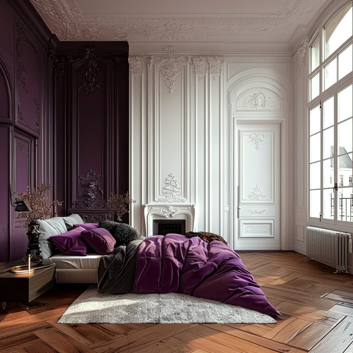 tendance peinture chambre a coucher mur blanc et violet parisien style